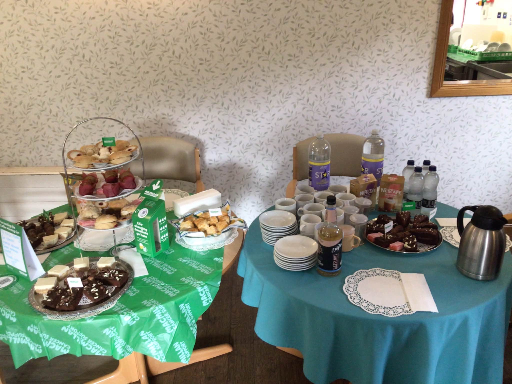 coffee and cake laid out on tables